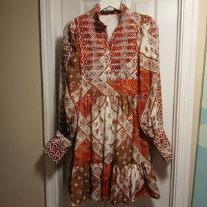 Beulah Women's BOHO CHIC Brown and Orange Patterned Dress Sz.S